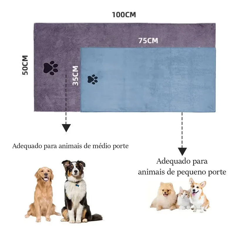 Toalha de Banho Pet em Microfibra – Super Absorvente, Macia e Bordada | 35x75cm / 50x100cm para Cães e Gatos